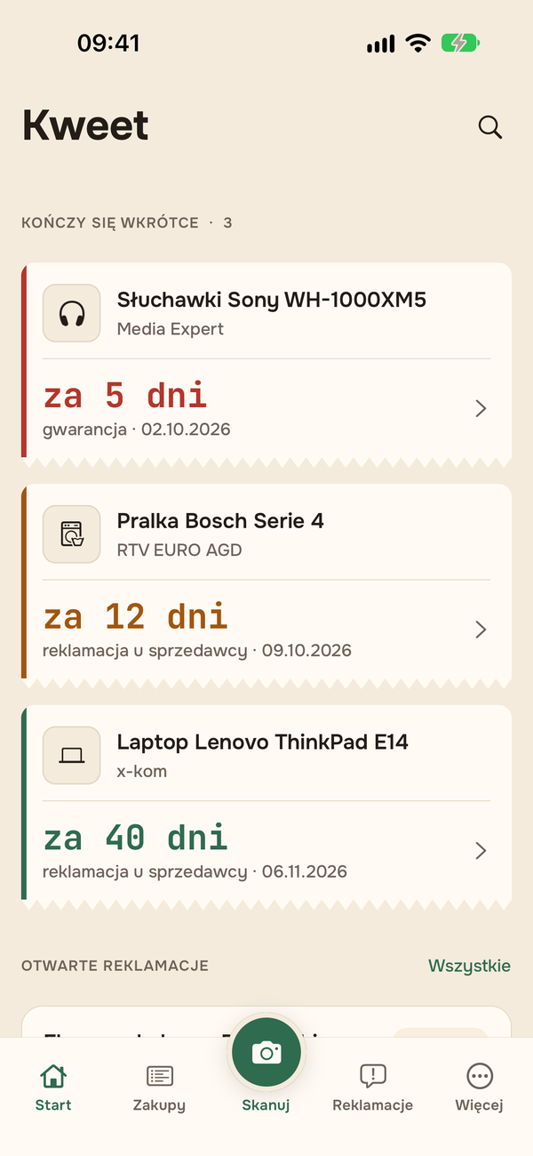 Ekran Start aplikacji Kweet z listą zakupów, którym niedługo kończy się termin.