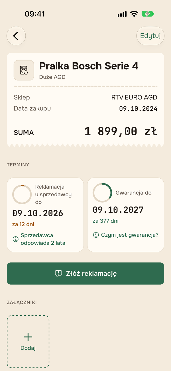 Ekran zakupu z dwoma terminami: reklamacja u sprzedawcy i gwarancja producenta.