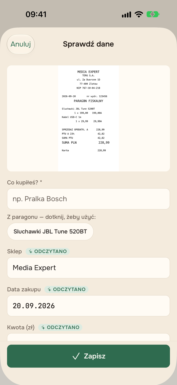 Sprawdzanie danych odczytanych z paragonu: sklep, data i kwota.