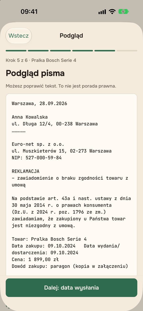 Kreator reklamacji z gotowym pismem do wysłania.
